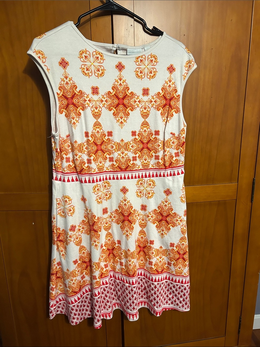 New York & Company White Dress with Orange and Red - and POCKETS